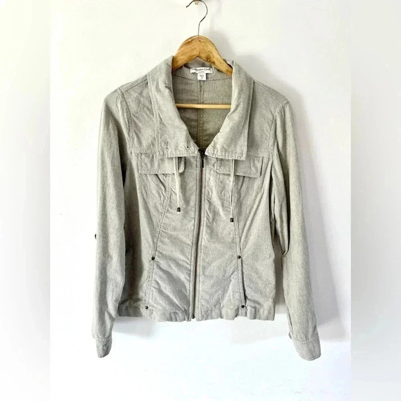 Coldwater Creek Shaped  Zip-Up Lightweight Striped Cotton Blend Roll Tab Jacket - Picture 1 of 11